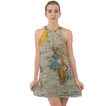 Vintage World Map Halter Tie Back Chiffon Dress