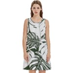 Abstract Art Tropical Leaves Round Neck Sleeve Casual Dress With Pockets