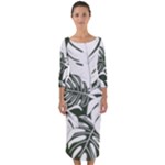 Abstract Art Tropical Leaves Quarter Sleeve Midi Bodycon Dress