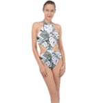 Abstract Art Tropical Leaves Halter Side Cut Swimsuit