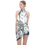 Abstract Art Tropical Leaves Halter Asymmetric Satin Top