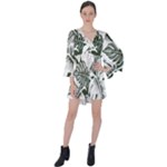 Abstract Art Tropical Leaves V-Neck Flare Sleeve Mini Dress