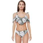 Abstract Art Tropical Leaves Ruffle Edge Tie Up Bikini Set	