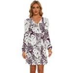 Abstract Art Tropical Leaves Long Sleeve Waist Tie Ruffle Velvet Dress