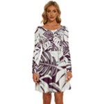 Abstract Art Tropical Leaves Long Sleeve Wide Neck Velvet Dress