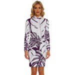 Abstract Art Tropical Leaves Long Sleeve Shirt Collar Bodycon Dress