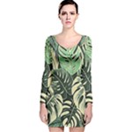 Abstract Art Tropical Leaves Long Sleeve Velvet Bodycon Dress