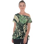 Abstract Art Tropical Leaves Off Shoulder Tie-Up T-Shirt