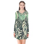 Abstract Art Tropical Leaves Long Sleeve V-neck Flare Dress