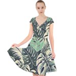 Abstract Art Tropical Leaves Cap Sleeve Front Wrap Midi Dress