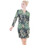 Abstract Art Tropical Leaves Button Long Sleeve Dress