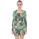 Abstract Art Tropical Leaves V-neck Bodycon Long Sleeve Dress