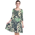 Abstract Art Tropical Leaves Quarter Sleeve Waist Band Dress