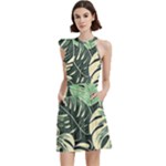 Abstract Art Tropical Leaves Cocktail Party Halter Sleeveless Dress With Pockets