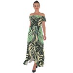 Abstract Art Tropical Leaves Off Shoulder Open Front Chiffon Dress