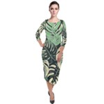 Abstract Art Tropical Leaves Quarter Sleeve Midi Velour Bodycon Dress