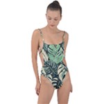 Abstract Art Tropical Leaves Tie Strap One Piece Swimsuit