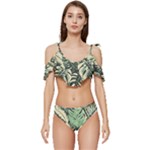 Abstract Art Tropical Leaves Ruffle Edge Tie Up Bikini Set	