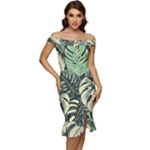 Abstract Art Tropical Leaves Off Shoulder Ruffle Split Hem Bodycon Dress