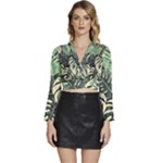 Abstract Art Tropical Leaves Long Sleeve Tie Back Satin Wrap Top