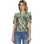 Abstract Art Tropical Leaves Puffed Short Sleeve Button Up Jacket