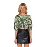 Abstract Art Tropical Leaves Mid Sleeve Drawstring Hem Top