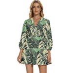 Abstract Art Tropical Leaves V-Neck Placket Mini Dress