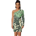 Abstract Art Tropical Leaves Long Sleeve One Shoulder Mini Dress