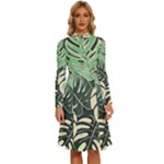 Abstract Art Tropical Leaves Long Sleeve Shirt Collar A-Line Dress