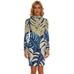 Abstract Art Tropical Leaves Long Sleeve Shirt Collar Bodycon Dress