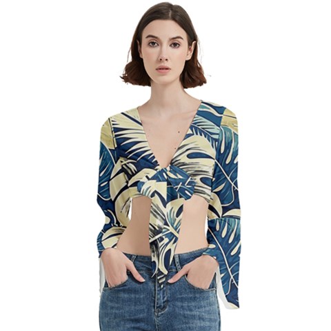 Abstract Art Tropical Leaves Trumpet Sleeve Cropped Top from ArtsNow.com