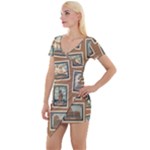 Retro Postage Seamless Pattern Short Sleeve Asymmetric Mini Dress