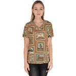 Retro Postage Seamless Pattern Women s V-Neck Scrub Top