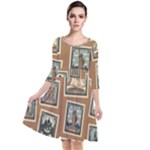 Retro Postage Seamless Pattern Quarter Sleeve Waist Band Dress