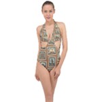 Retro Postage Seamless Pattern Halter Front Plunge Swimsuit