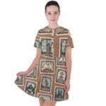 Retro Postage Seamless Pattern Short Sleeve Shoulder Cut Out Dress 