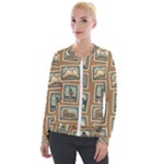 Retro Postage Seamless Pattern Velvet Zip Up Jacket