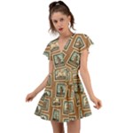 Retro Postage Seamless Pattern Flutter Sleeve Wrap Dress