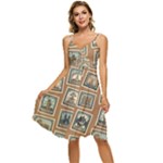 Retro Postage Seamless Pattern Sleeveless Tie Front Chiffon Dress