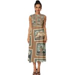 Retro Postage Seamless Pattern Sleeveless Round Neck Midi Dress