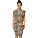 Retro Postage Seamless Pattern Vintage Frill Sleeve V-Neck Bodycon Dress