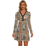 Retro Postage Seamless Pattern Long Sleeve Deep V Mini Dress 