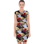 Roses Seamless Pattern Floral Capsleeve Drawstring Dress 