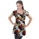 Roses Seamless Pattern Floral Puff Sleeve Tunic Top