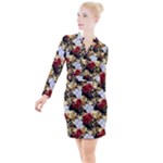 Roses Seamless Pattern Floral Button Long Sleeve Dress