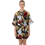 Roses Seamless Pattern Floral Half Sleeve Satin Kimono 