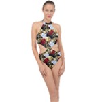 Roses Seamless Pattern Floral Halter Side Cut Swimsuit