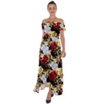 Roses Seamless Pattern Floral Off Shoulder Open Front Chiffon Dress