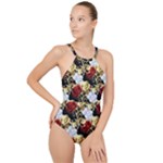 Roses Seamless Pattern Floral High Neck One Piece Swimsuit