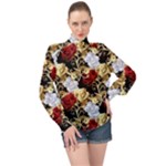 Roses Seamless Pattern Floral High Neck Long Sleeve Chiffon Top